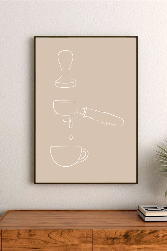 Portrait poster with minimalist white line art on beige background depicting coffee tamper, portafilter, and cup, with a droplet falling