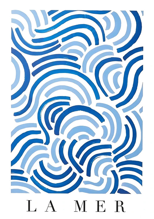Vertical piece featuring prominent "La Mer" typography against a gradient background of vibrant blues, whites, and aqua tones in a modern design style