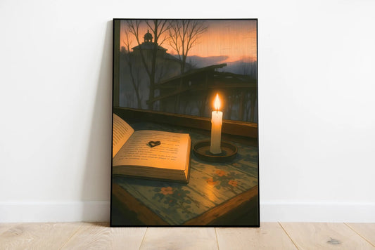 Cottagecore style portrait poster showing whimsical natural scenes with soft pastels, forest foliage, and gently styled characters