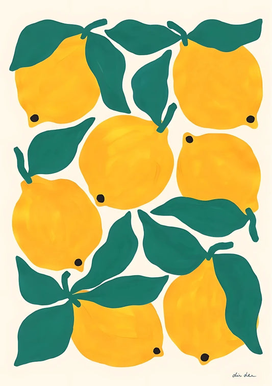 Watercolor style illustration featuring a focused cluster of lemon slices and vibrant yellow-pink lemonade motifs against a clean white ground