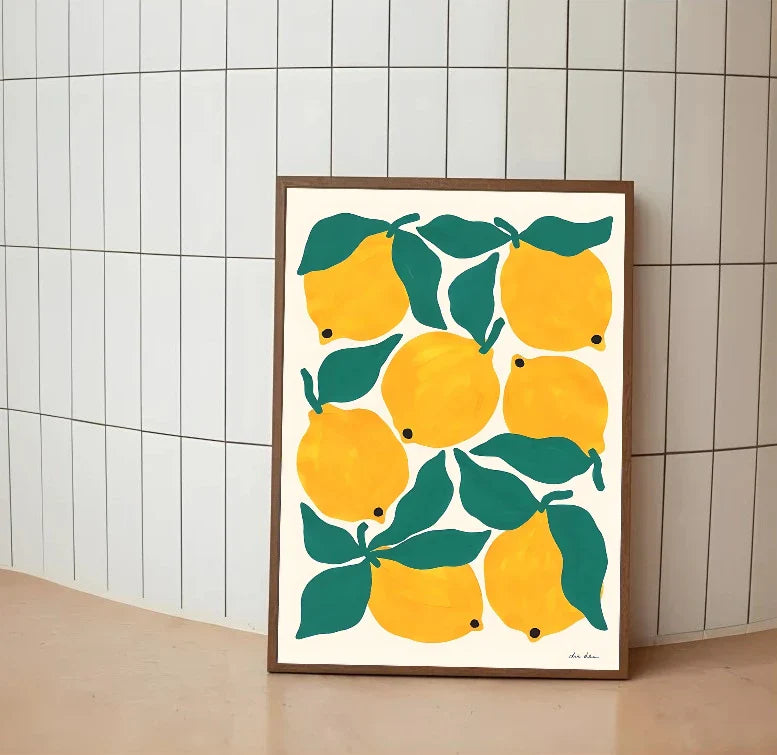 Vertical patterned design composed of alternating stripes and groupings of botanical motifs detailing bright yellow lemons and pale pink accents