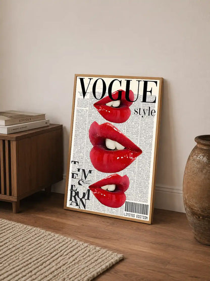Stylized illustration combining flowing text and red mouth motifs against a dark background, creating a dramatic vintage collage aesthetic