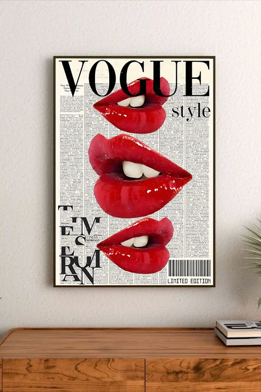 Pop art print featuring vibrant red lips and bold black typography with the phrase "Lip Service" in a high-contrast graphic design