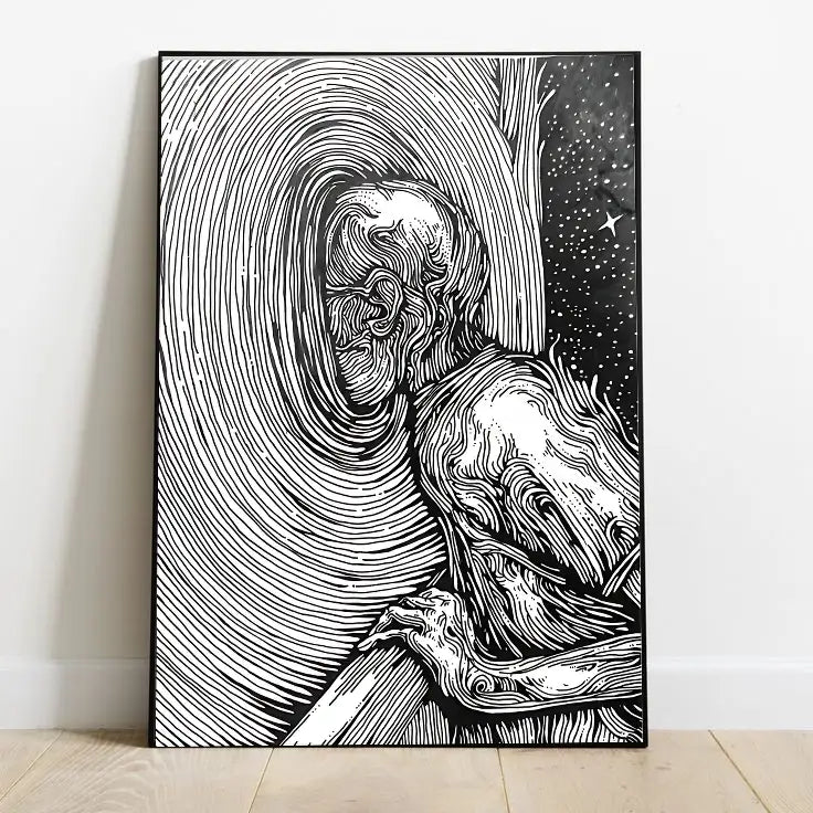 Portrait cosmic art featuring swirling nebulas in deep blue and purple hues, with glowing abstract lines suggesting dimensional pathways through space