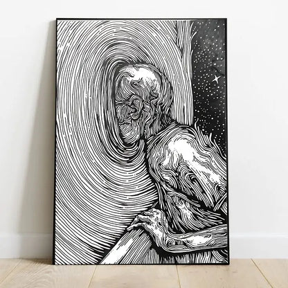 Portrait cosmic art featuring swirling nebulas in deep blue and purple hues, with glowing abstract lines suggesting dimensional pathways through space