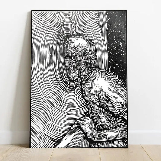 Portrait cosmic art featuring swirling nebulas in deep blue and purple hues, with glowing abstract lines suggesting dimensional pathways through space