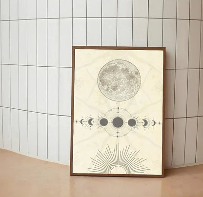 Diagrammatic chart of lunar orbital paths, rendered in deep blues, white line work, and gilded accents on a midnight background