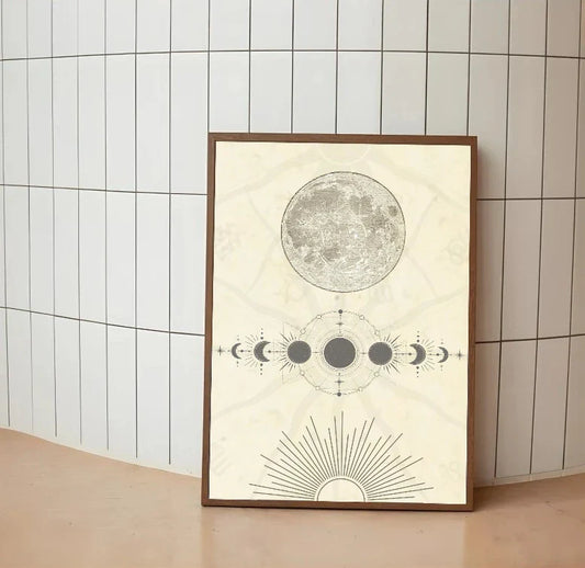 Diagrammatic chart of lunar orbital paths, rendered in deep blues, white line work, and gilded accents on a midnight background