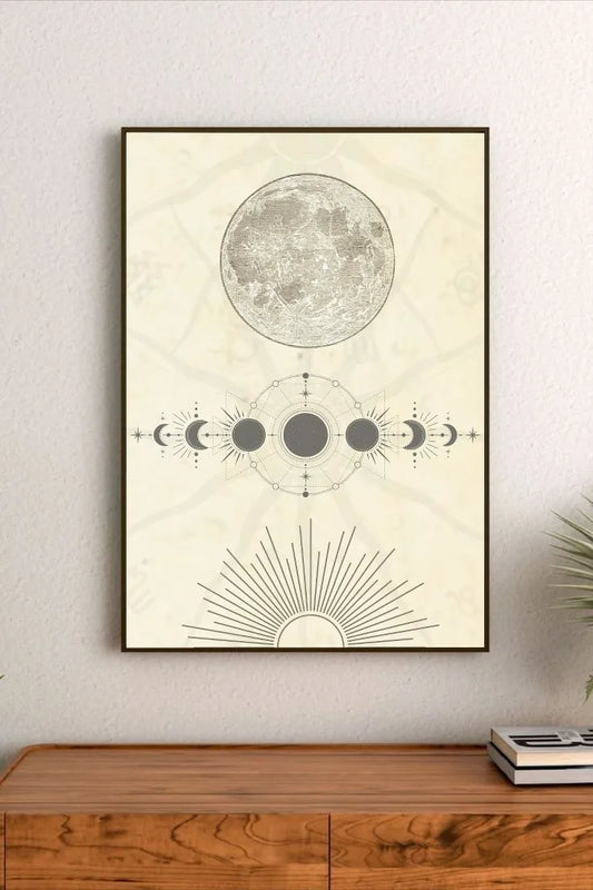 Stellar map composition featuring intricate constellations and celestial symbols traced in thin white lines across a dark navy void