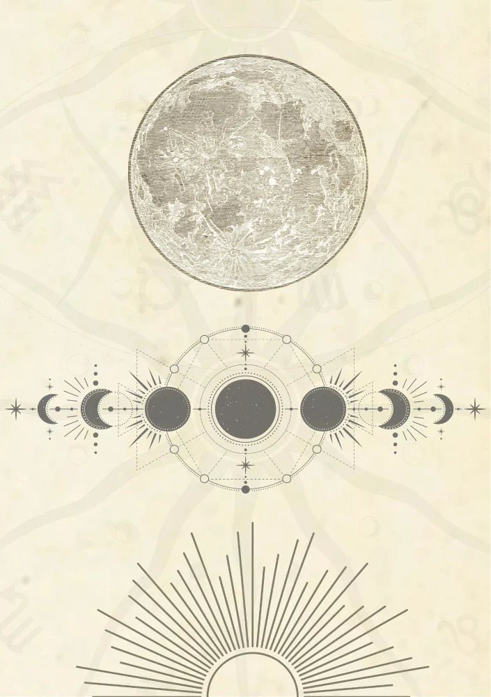 Circular scientific diagram detailing phases and orbits, utilizing an earthy palette of teal, amber, and midnight blue colors
