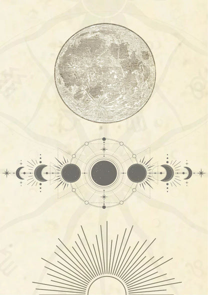 Circular scientific diagram detailing phases and orbits, utilizing an earthy palette of teal, amber, and midnight blue colors