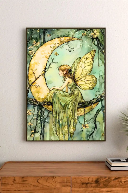 Whimsical cottagecore art featuring a small figure among vibrant green foliage, delicate fungi, and pastel woodland flora accents