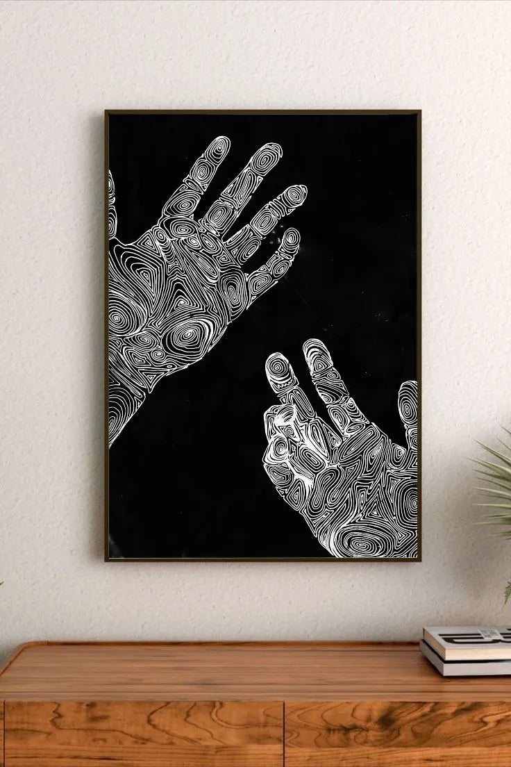 Multiple stylized masked portraits arranged vertically as technical schematics, featuring minimal red accents and structured humanoid elements