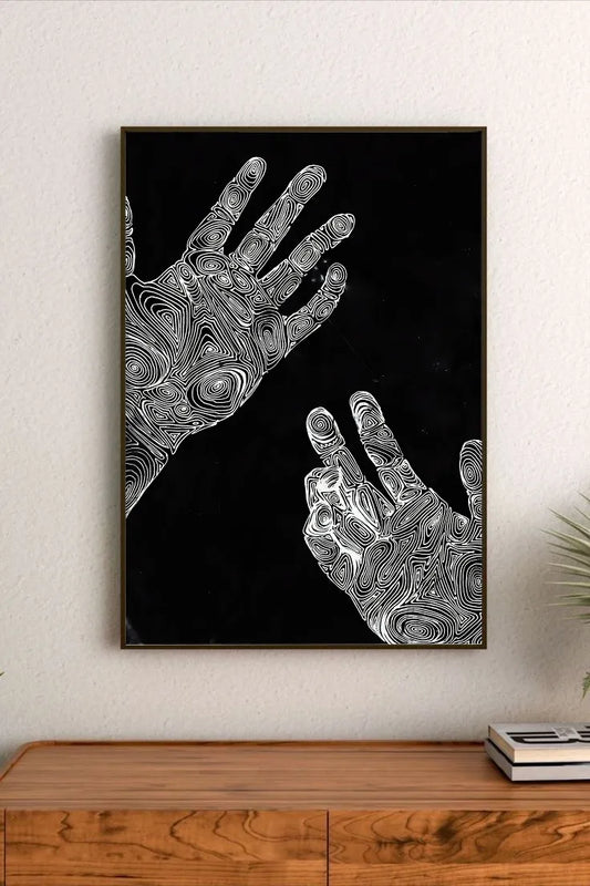 Multiple stylized masked portraits arranged vertically as technical schematics, featuring minimal red accents and structured humanoid elements