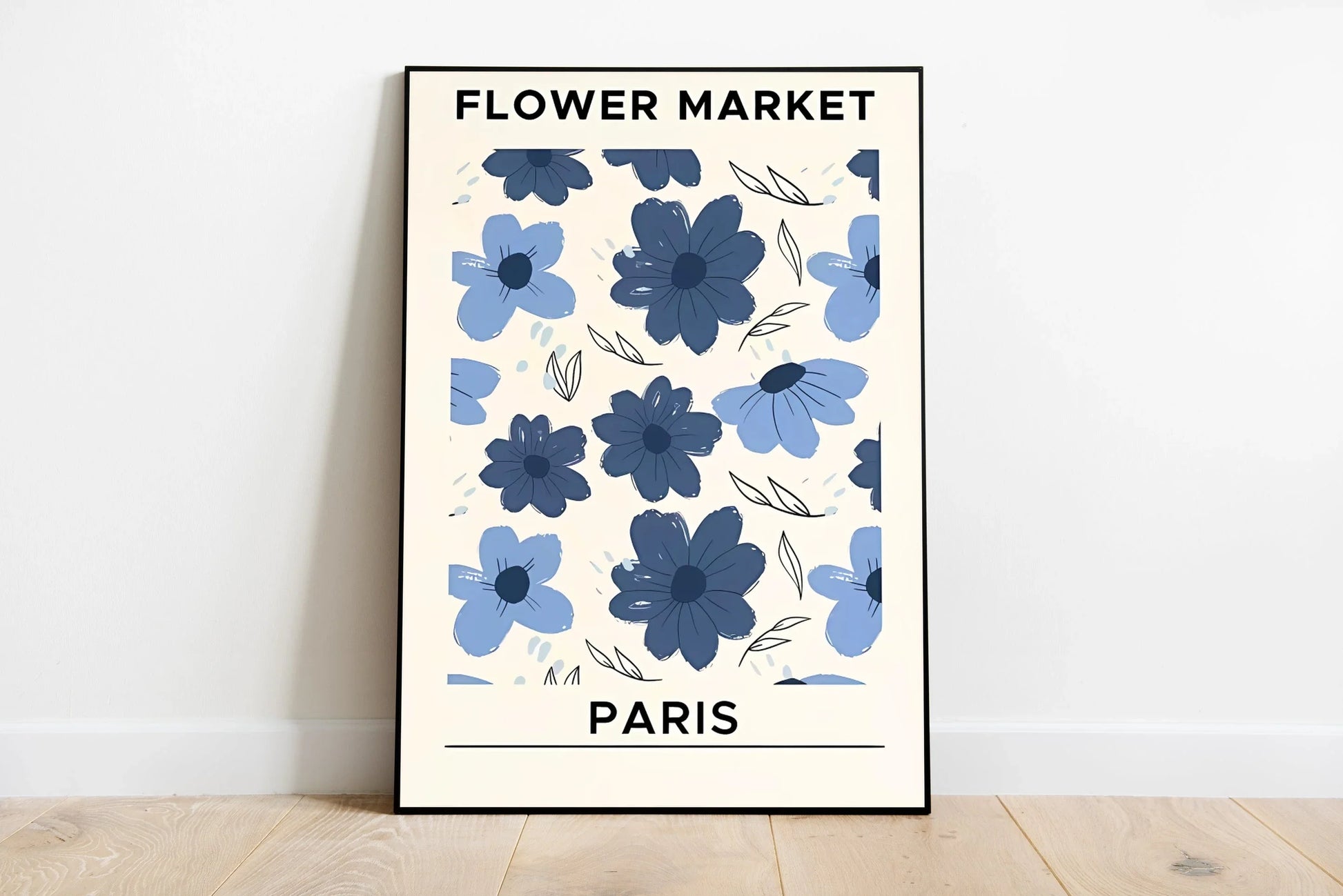Portrait floral artwork featuring midnight blue, deep purple, and pink blooms mixed with emerald foliage; detailed graphic botanical illustration