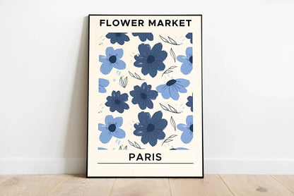 Portrait floral artwork featuring midnight blue, deep purple, and pink blooms mixed with emerald foliage; detailed graphic botanical illustration