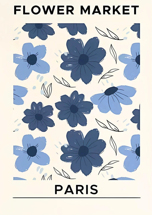 Deep indigo and black botanical illustration featuring dramatic midnight blossoms and trailing foliage against a rich, creamy Parisian backdrop