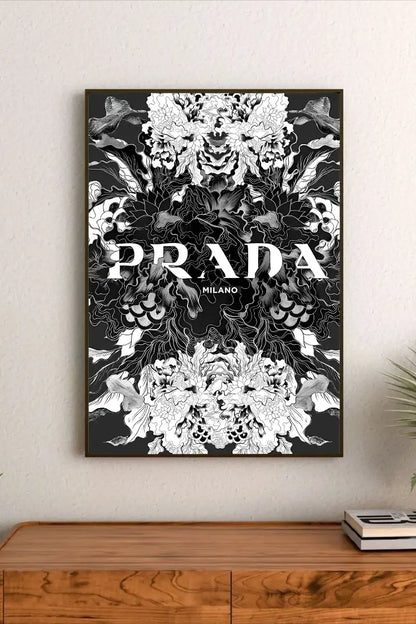 Vertical portrait botanical design featuring delicate dark foliage and leaves in shades of deep green against a black background