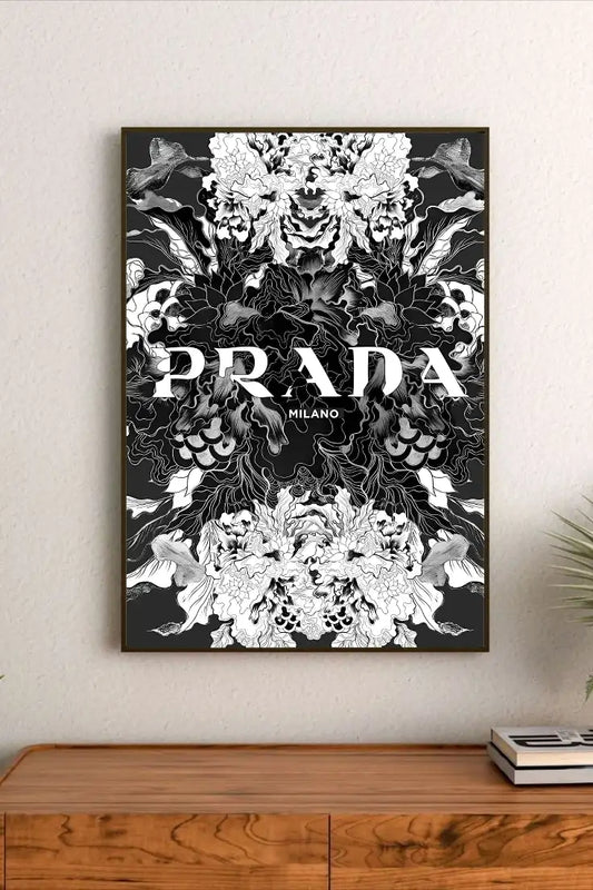 Vertical portrait botanical design featuring delicate dark foliage and leaves in shades of deep green against a black background