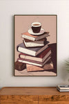 Portrait poster featuring a steaming coffee cup atop stacked books in muted earth tones and soft pastel hues, stylized illustration