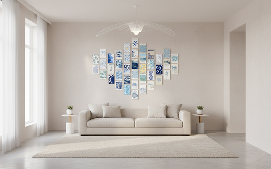 The abstract collage features botanical drawings, layered typographic elements, and watercolor washes utilizing muted pastels, deep blues, and creams