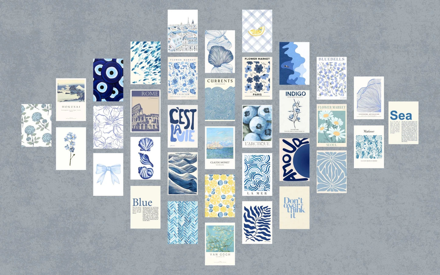 Grouping of mixed art prints featuring abstract shapes, botanical illustrations, and natural motifs in muted greens and earthy tones