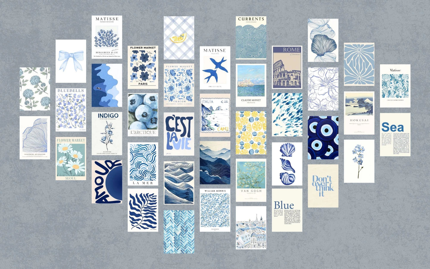 A diverse collection of minimalist prints featuring tropical foliage, abstract geometric shapes, and muted earth tones in a cohesive gallery layout