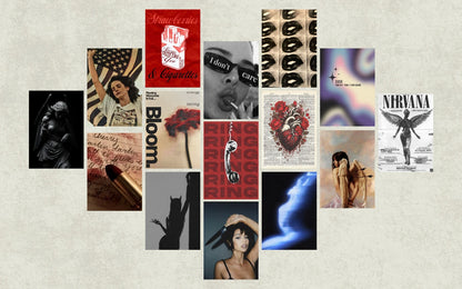 A dark and mysterious artistic collage featuring mixed media prints, dramatic black and white portraits, and muted tones of gold and burgundy accents