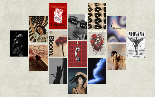 A dark and mysterious artistic collage featuring mixed media prints, dramatic black and white portraits, and muted tones of gold and burgundy accents