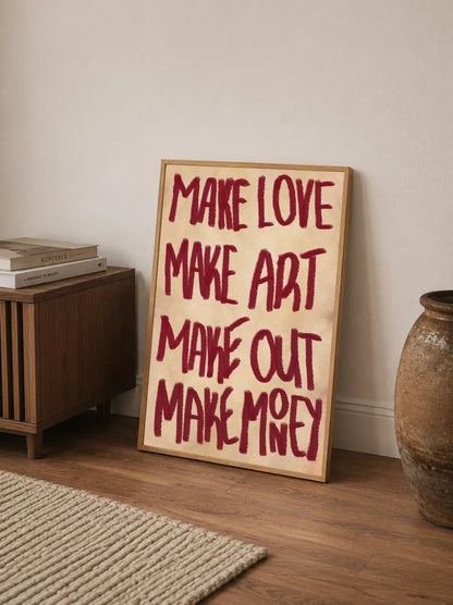 Typographic art print with Make Love Make Art quote framed on wall – dark aesthetic poster India