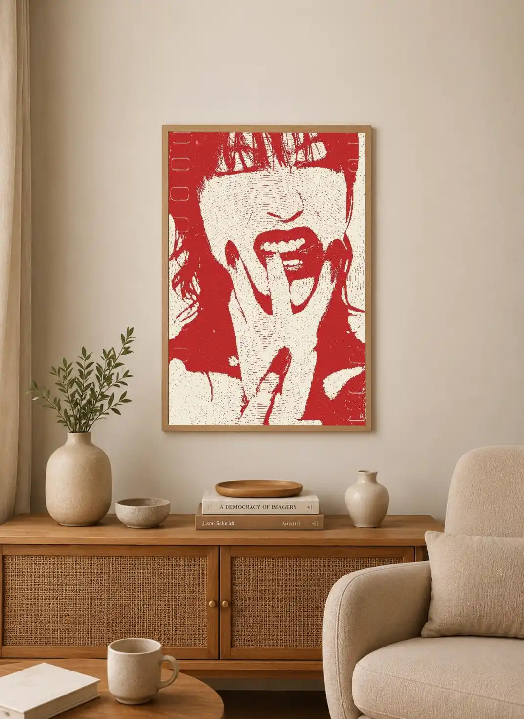 Dramatic vertical poster art depicting an alluring noir muse with deep shadows, sharp details, and intense gaze in rich black and crimson hues
