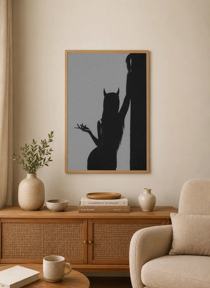 A dramatic portrait of a muse characterized by deep shadows and high contrast. The stylized figure utilizes black, gray, and muted tones for an
