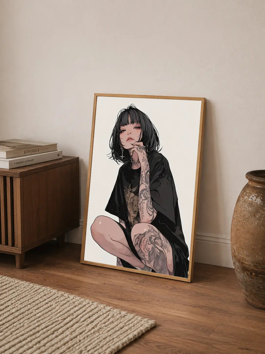 Dark and dramatic artistic portraiture showcasing a muse figure. Features deep blacks, contrasting crimson accents, and gothic stylistic elements