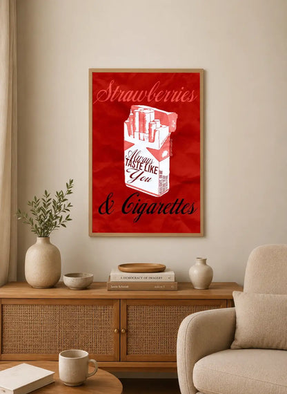 Portrait poster of a moody figure against a dark background. Features deep reds, blacks, dramatic composition, and stylized vintage typography