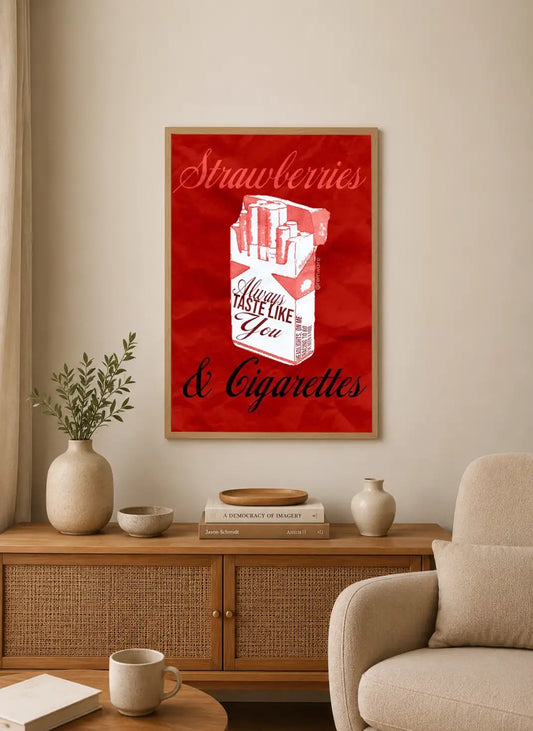 Portrait poster of a moody figure against a dark background. Features deep reds, blacks, dramatic composition, and stylized vintage typography