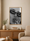 High-contrast portrait wall art featuring stylized typography and abstract geometric shapes in black, white, and deep charcoal tones