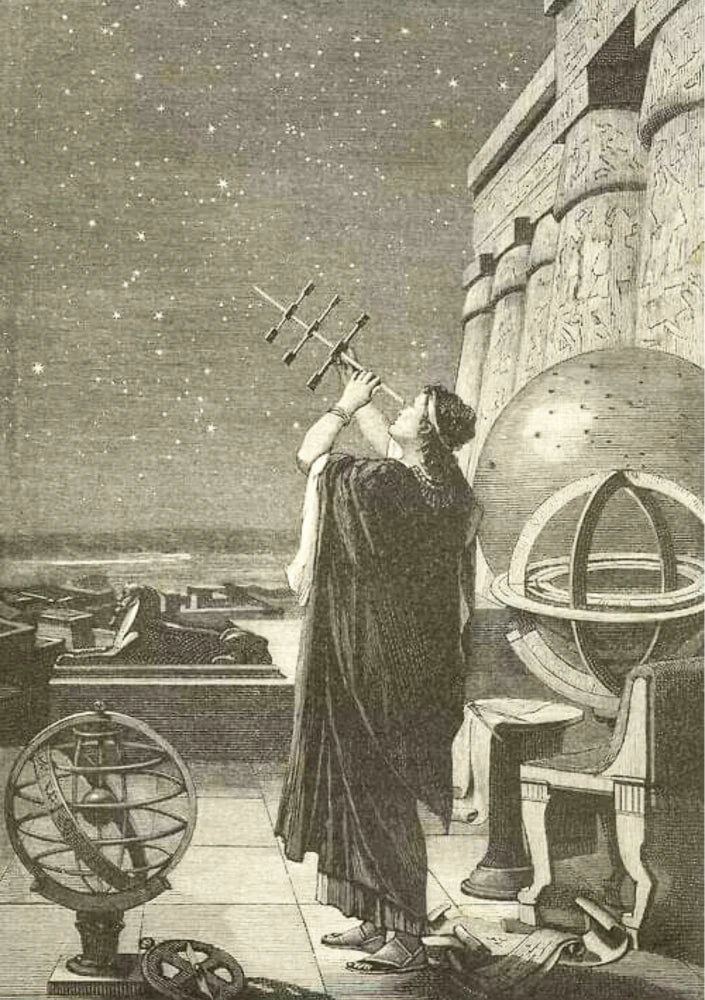 Detailed vintage scientific illustration featuring a telescope, observation glass, and constellations against a deep navy blue sky