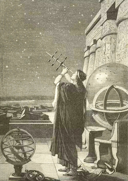 Detailed vintage scientific illustration featuring a telescope, observation glass, and constellations against a deep navy blue sky