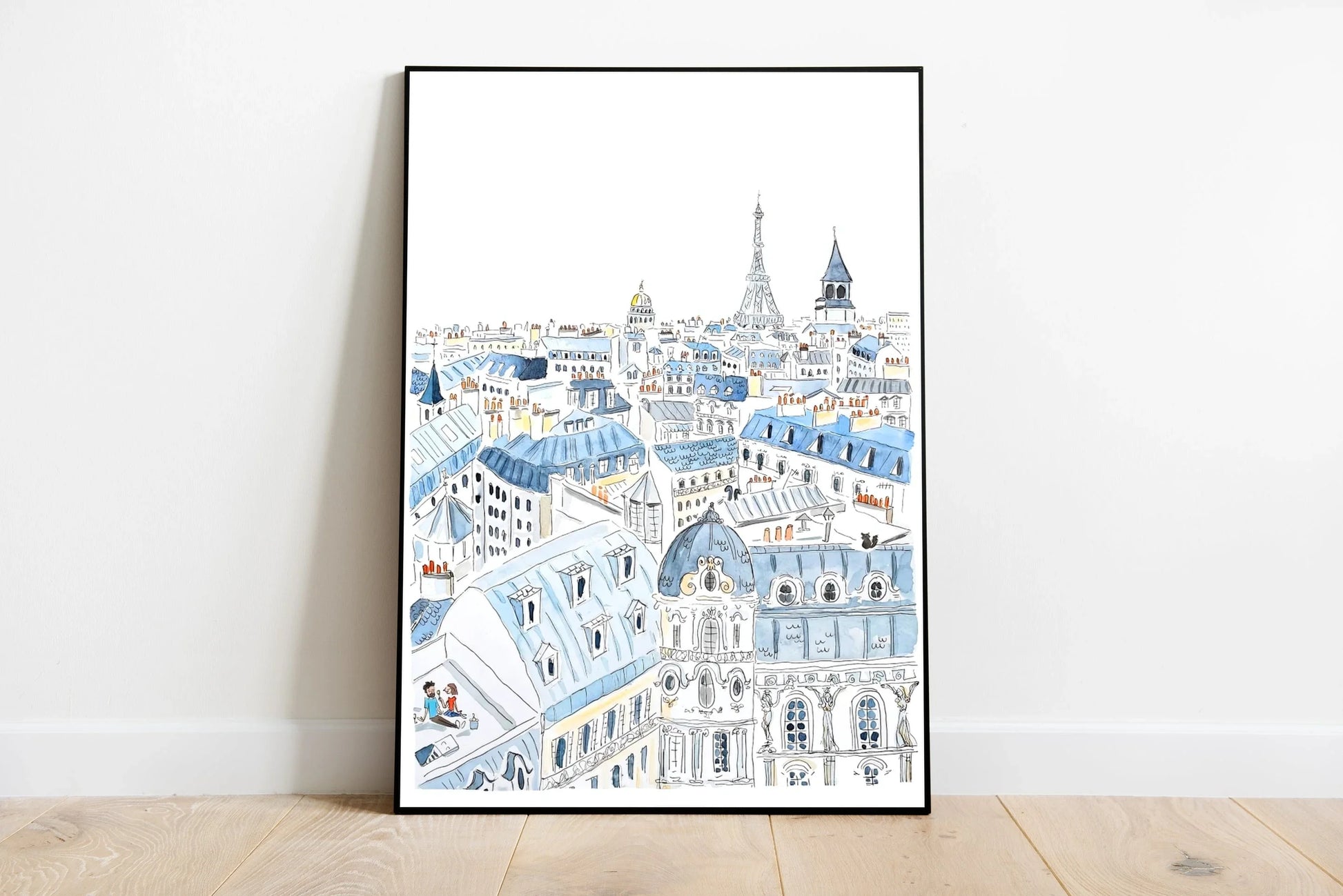 A scenic watercolor-style illustration of Parisian rooftops featuring slate gray tiles, punctuated by terracotta chimney pots under a soft blue sky
