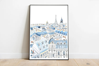 A scenic watercolor-style illustration of Parisian rooftops featuring slate gray tiles, punctuated by terracotta chimney pots under a soft blue sky