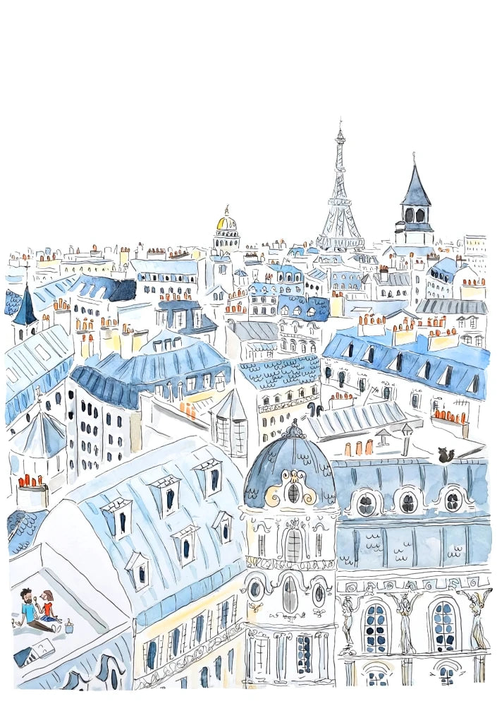 Detailed illustration showing Parisian rooftops, pitched tiled roofs in shades of red and gray, viewed under a soft, muted blue sky