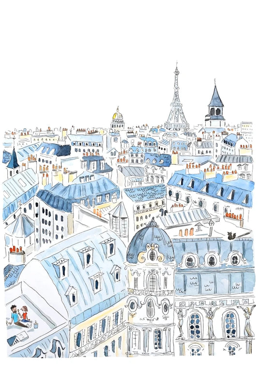 Detailed illustration showing Parisian rooftops, pitched tiled roofs in shades of red and gray, viewed under a soft, muted blue sky