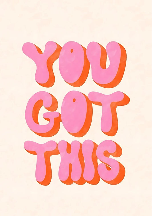 Whimsical portrait design featuring bright pink and yellow graphics, illustrating lemon slices and the phrase "You Got This."