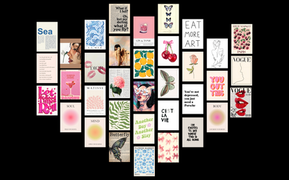 Typography-focused design using bold pink letters and flowing cursive text, bordered by simple abstract shapes and geometric white space