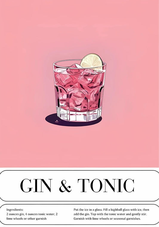 Stylized cocktail poster depicting pink lemonade elements alongside gin tonic motifs; uses block lettering and vibrant yellow-pink color schemes