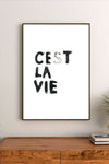Framed artwork with 'Cést La Vie' text on a wall above a wooden shelf.