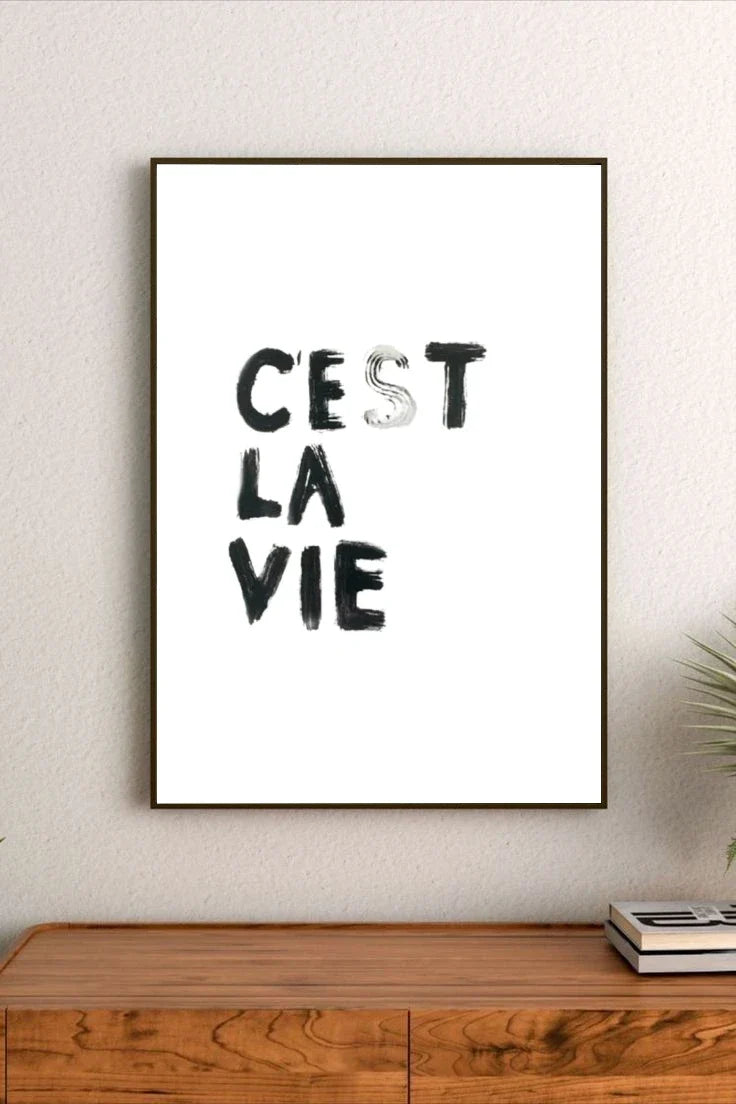 Framed artwork with 'Cést La Vie' text on a wall above a wooden shelf.