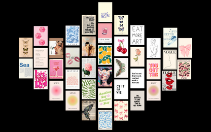 Soft pastel collage piece combining faded script lettering with illustrations of ripe citrus fruit and soft pink blush background elements
