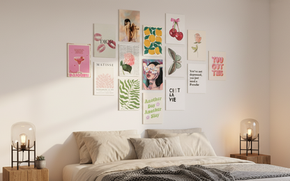 Bedroom with a bed, nightstands, and wall art