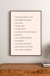 Vertical poster art with minimalist script affirmations printed in shades of soft pink, bright yellow, and black ink